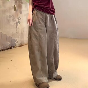 新款 女2025夏季 修身 时尚 休闲风卡其色简约棉麻大码 感弯刀裤 阔腿裤