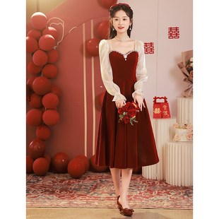 新娘敬酒服红色小个子结婚礼服订婚中长款 连衣裙平时可穿回门便装