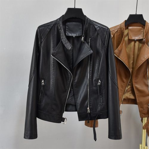 2025春季新款pu外套女西装领水洗皮短款修身显瘦女士外套皮衣潮