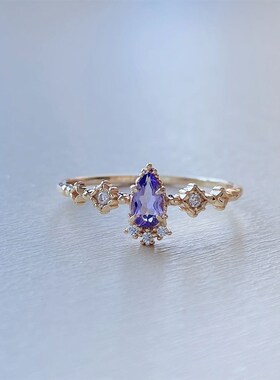 日系轻奢圣诞款 初雪水晶 小清新紫水晶花瓣蕾丝花朵银戒指 925银