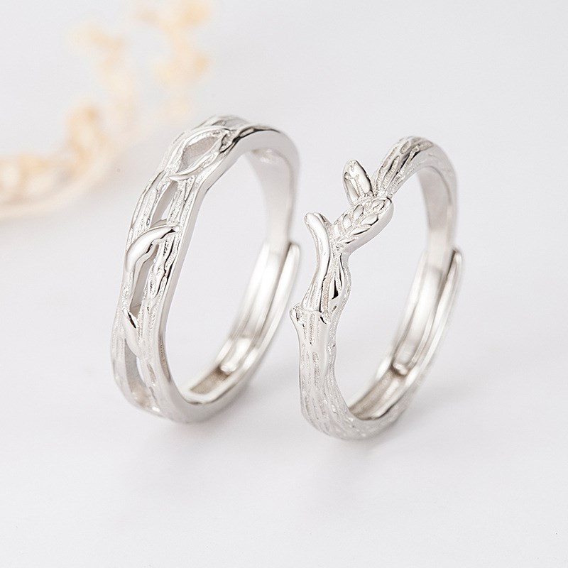 连理枝情侣对戒纯银戒指一对女小众设计款情人节生日礼物送男女友