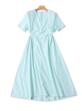 棉V领短袖露腰收腰连衣裙 夏季新款A字显瘦中长款女套头裙子19303