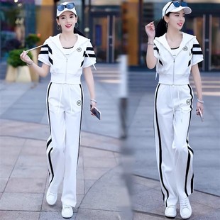 洋气显瘦减龄卫衣阔腿裤 短袖 新款 女2023夏季 运动服两件套 休闲套装