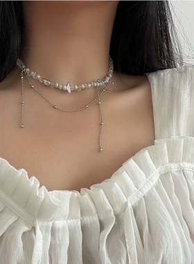 小众设计感磨砂珍珠水晶项链女 叠戴流苏不规则错落感锁骨链颈链