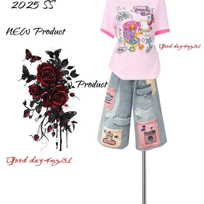 大码美式复古街头口袋刺绣牛仔七分裤女夏季新款破洞显瘦阔腿中裤