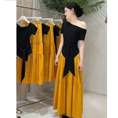 今年流行爆款夏季整套穿搭黄色半身裙女黑色短袖不规则斜肩上衣潮
