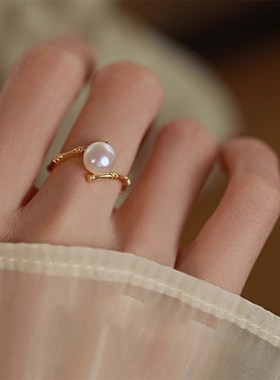 沦陷丨高级感纯银竹节戒指6A扁圆高亮淡水珍珠开口可调节复古戒圈