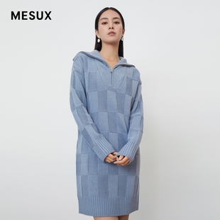 MESUX米岫冬季 大翻领设计简约高领提花毛织连衣裙MKWUE612 新款
