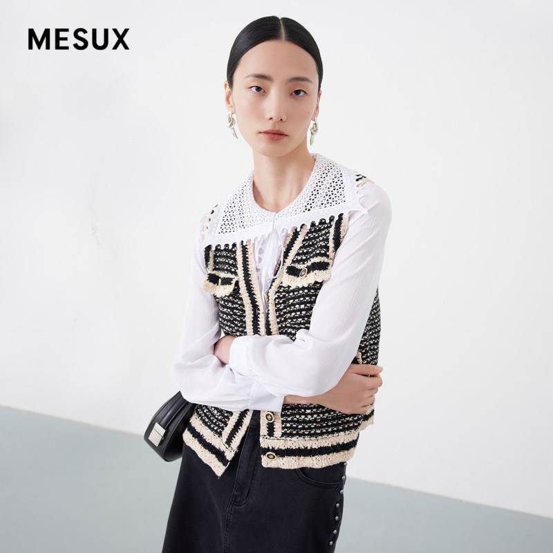 MESUX米岫香风仿花呢拼接金属扣装饰外套针织马甲女MKSUE202