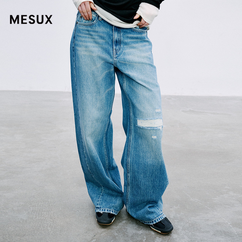 MESUX米岫新品高腰棉质解构阔腿复古蓝色长裤牛仔裤MMFBR413