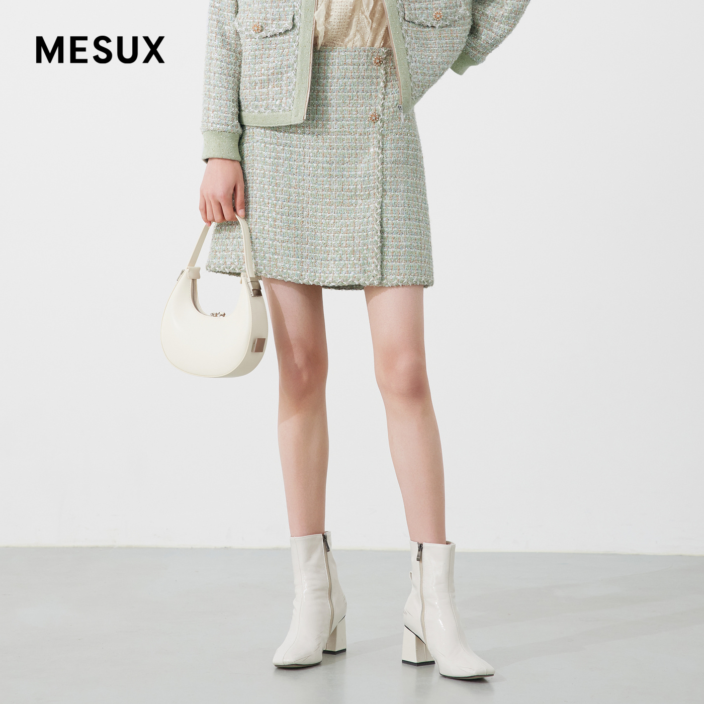 MESUX米岫珠绣粗花呢侧开衩拼接金属扣短裙半身裙女MKSUS207