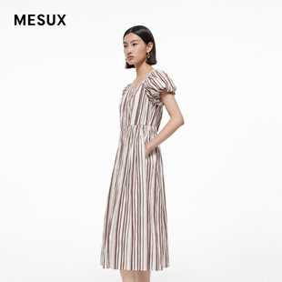 MESUX米岫夏新品 宽松条纹连衣裙MMMUO418 女度假风泡泡袖