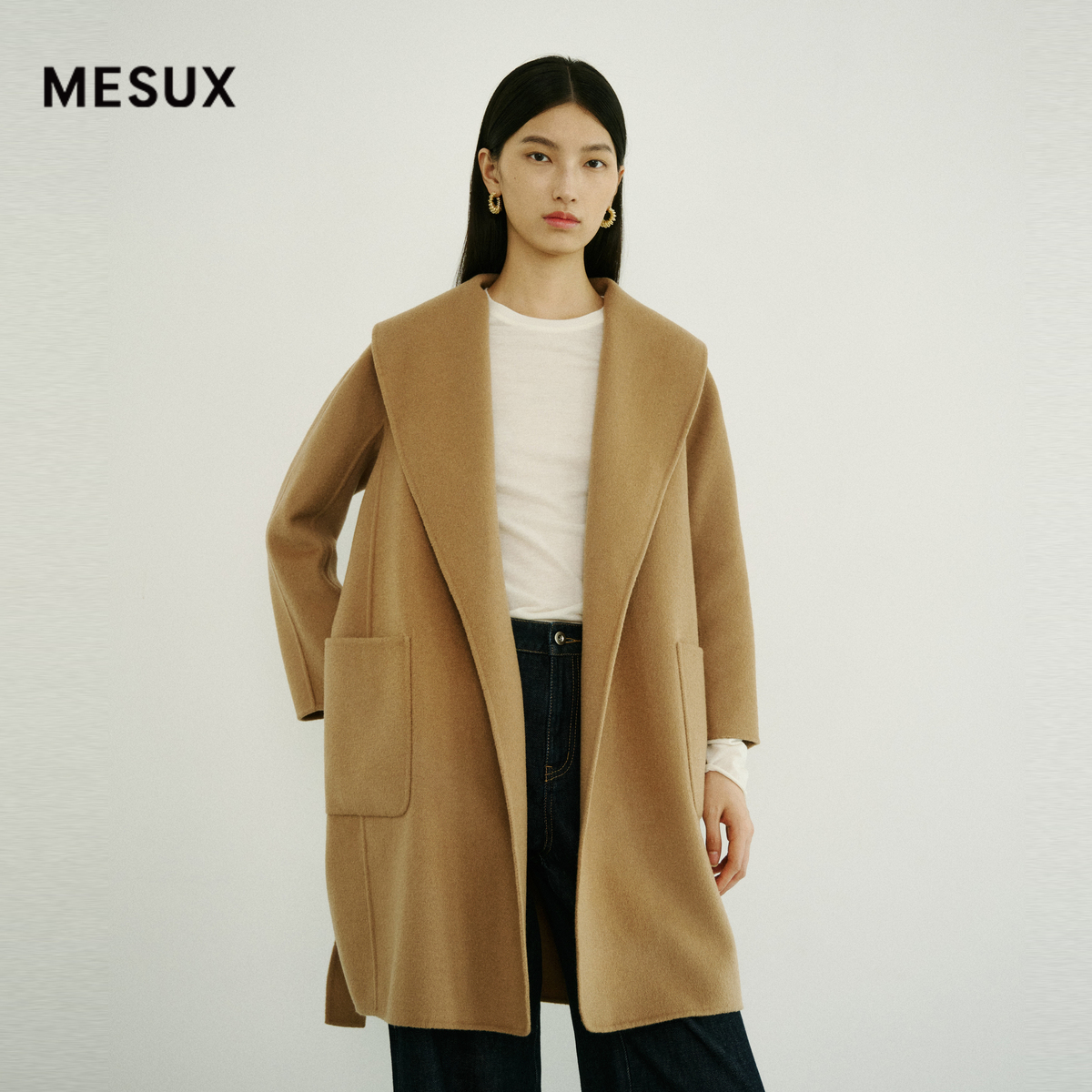 MESUX米岫新品绵羊毛双面呢翻领简约经典廓形大衣女MMWUI204