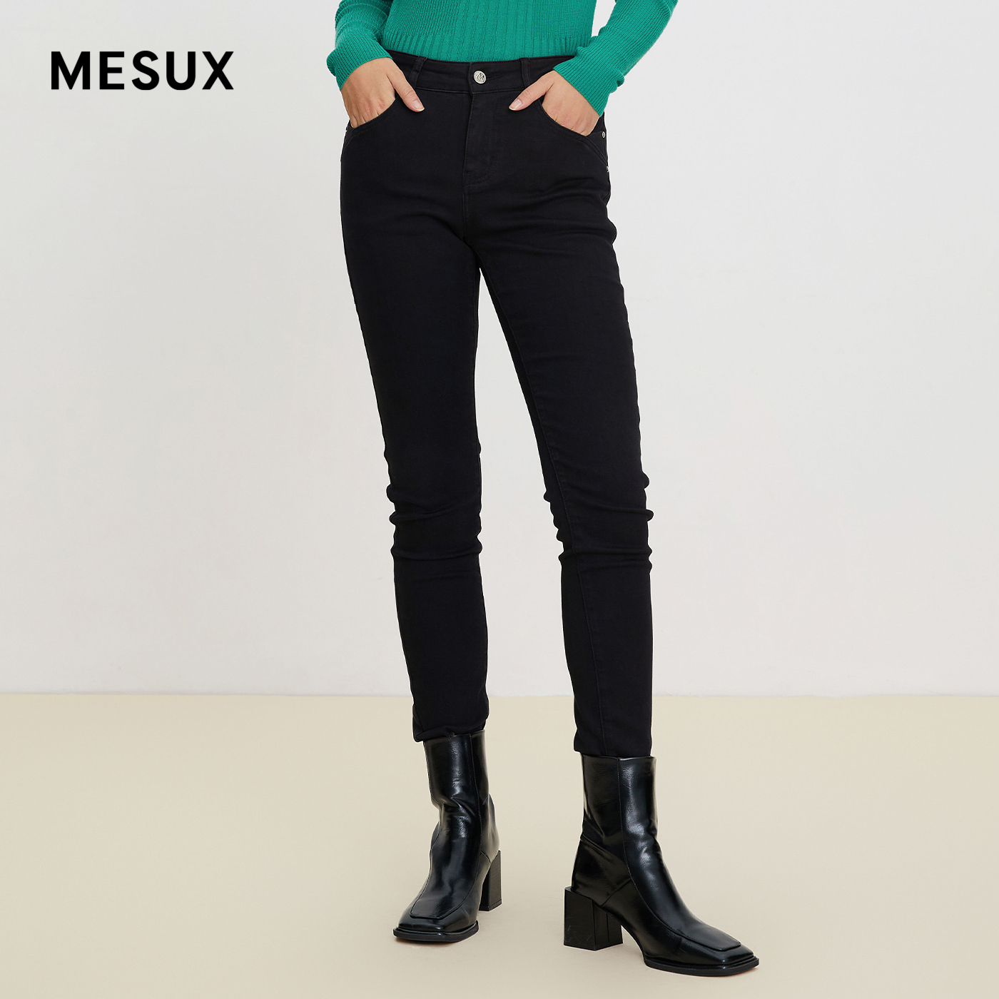 MESUX米岫秋季新款毛边小脚不规则休闲时尚紧身牛仔裤MKFUR403