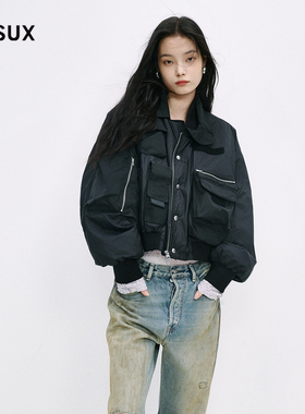 MESUX米岫新品女装黑色工装风宽松机车夹克羽绒服MMWUL209