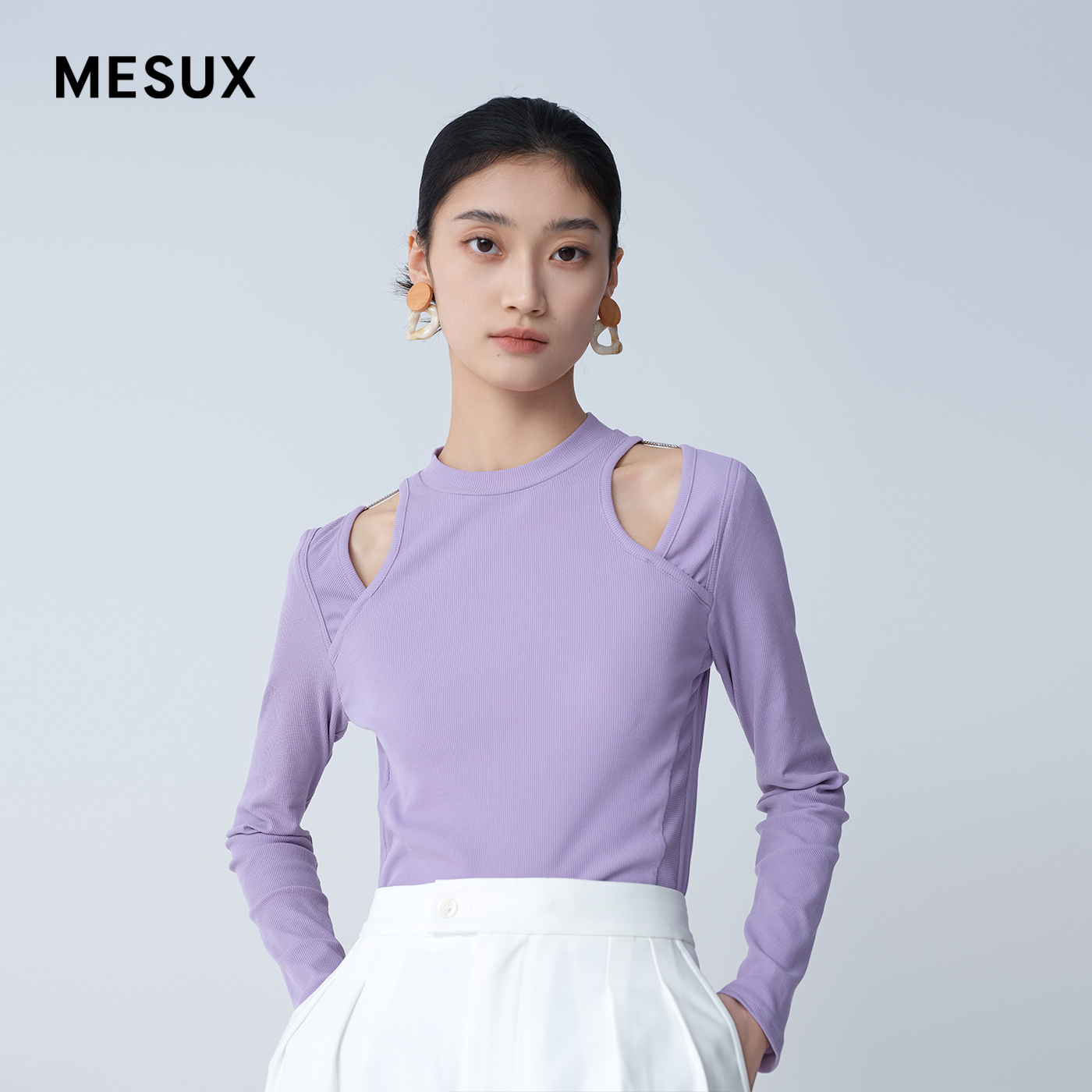 MESUX米岫花纱立体菱形格镂空船领绒面针织衫打底女MKSUD510