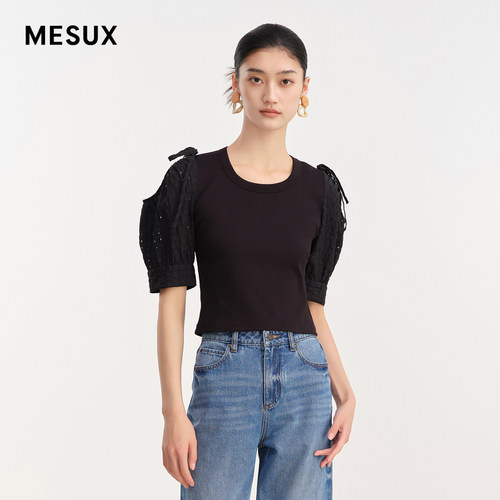 MESUX米岫夏季女装镂空泡泡袖针织拼接上衣T恤女MLMUD303