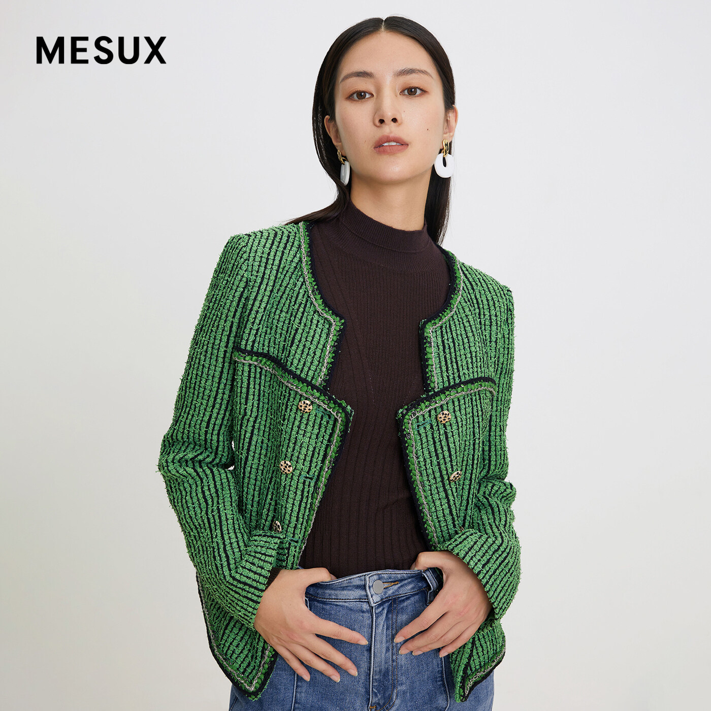 MESUX米岫秋季新款提花复古优雅香风圆领粗花呢短外套MKFUH116