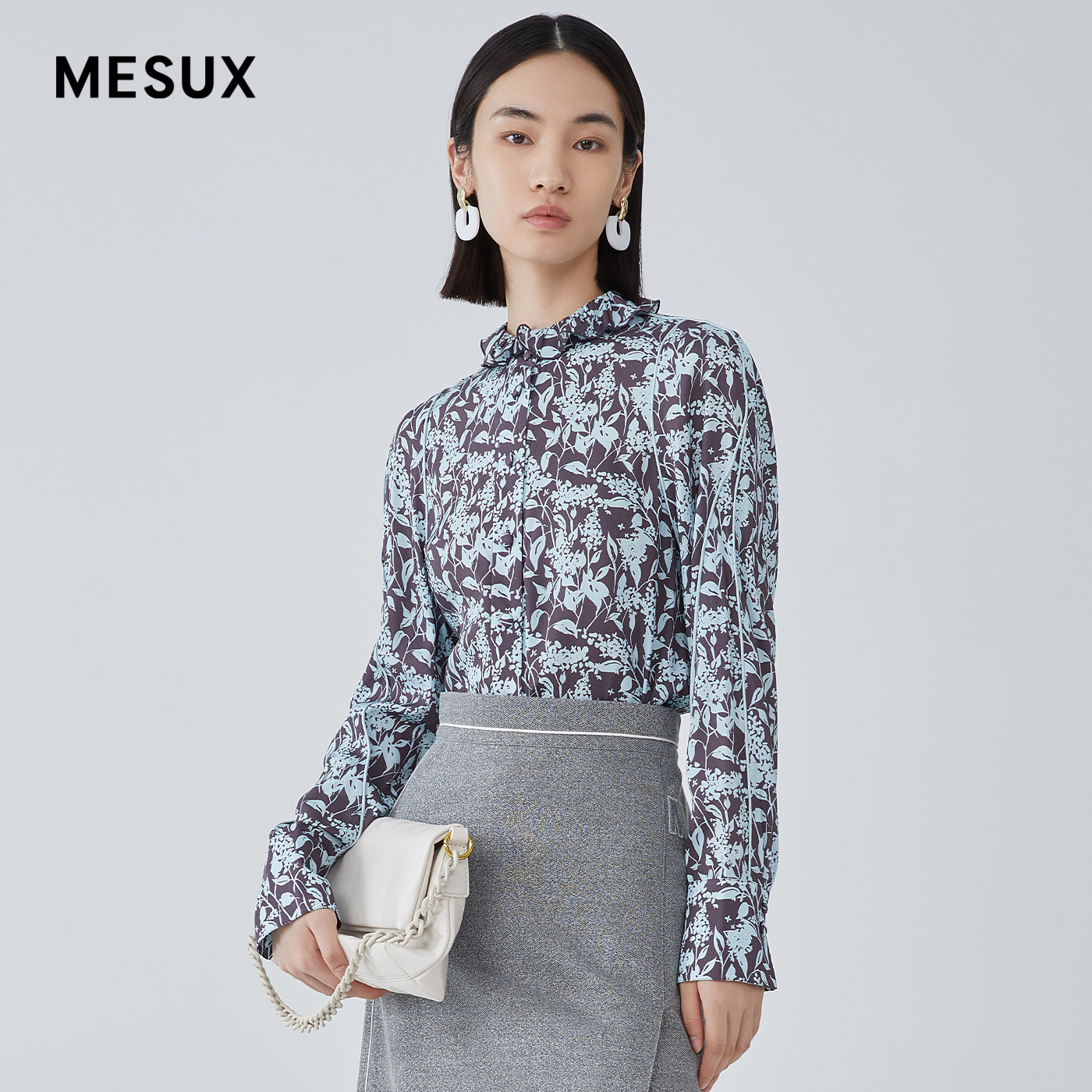 MESUX米岫秋季真丝印花撞色包边线条荷叶边复古衬衫MKFUC420