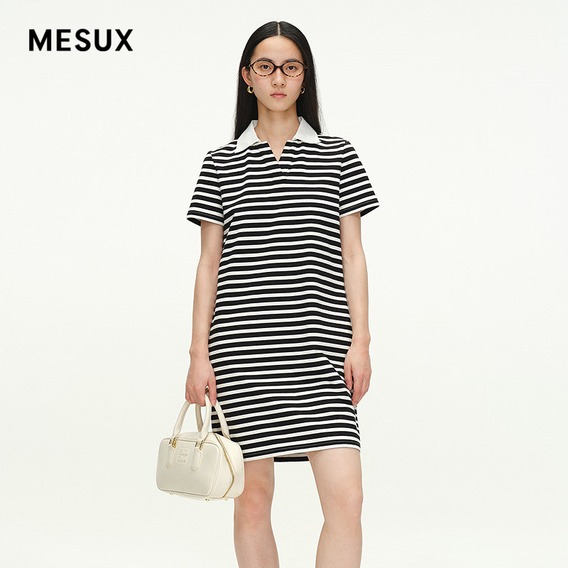 MESUX纯棉Polo领撞色条纹短袖连衣裙MNSDO404