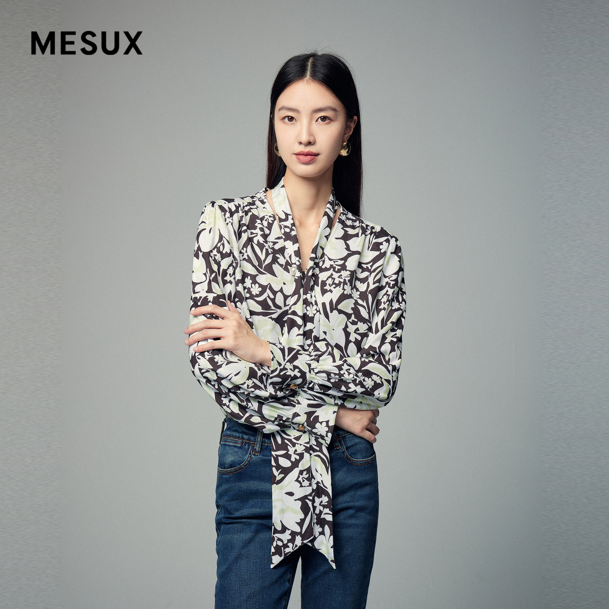MESUX米岫冬季新品时尚设计长款印花上衣女MLWUD507