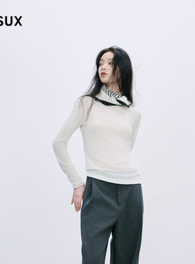 MESUX米岫新品女装美丽诺绵羊毛白色长袖薄上衣MMWUD509