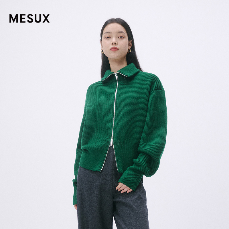 MESUX米岫绵羊毛翻领拉链开衫毛针织衫高智感上衣女MMWUE516