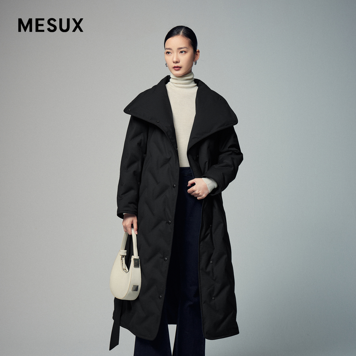MESUX米岫冬季新品时尚设计白鹅绒系带长款羽绒女MLWUL
