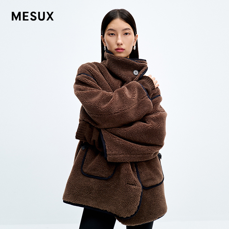 MESUX米岫24冬含绵羊毛宽松廓形泰迪绒感极简短大衣外套MMWUI415