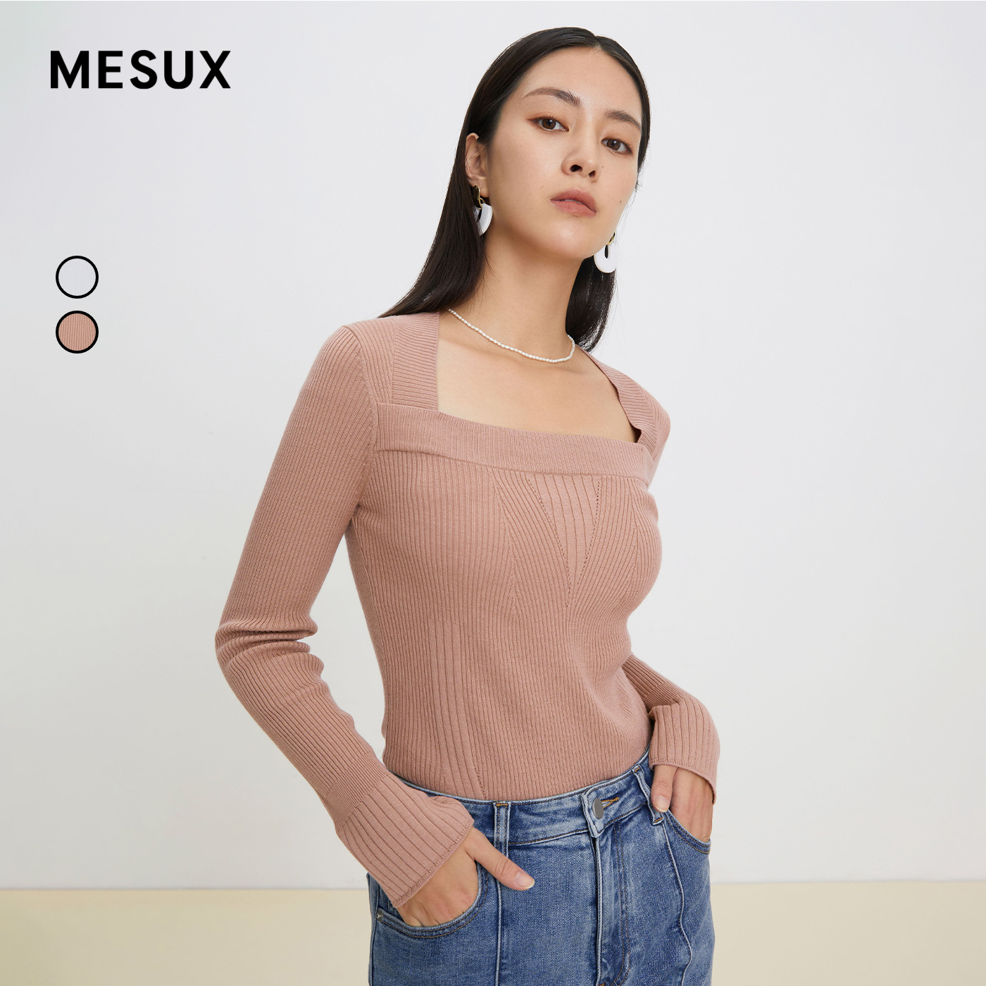 MESUX米岫秋季新款纯羊毛优雅方弧领设计修身羊毛衫MKFUE405