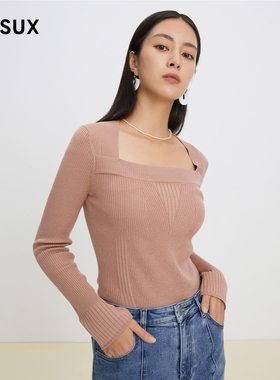 MESUX米岫秋季新款纯羊毛优雅方弧领设计修身羊毛衫MKFUE405