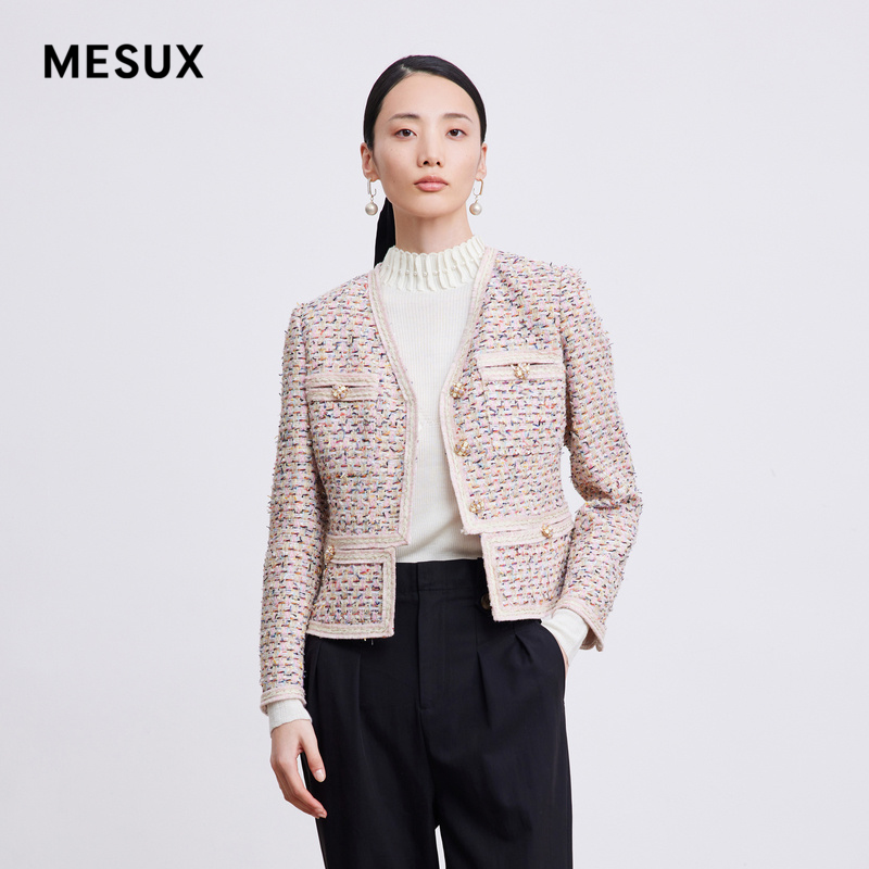 MESUX米岫粗花呢料织带装饰小香风V领拼接短外套MKSUH112