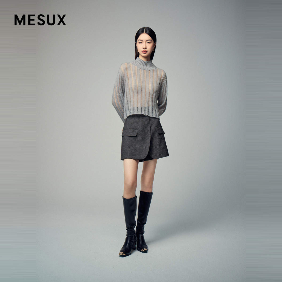 MESUX米岫冬时尚设计镂空条纹羊驼毛绵羊毛长袖针织衫MLWUE412