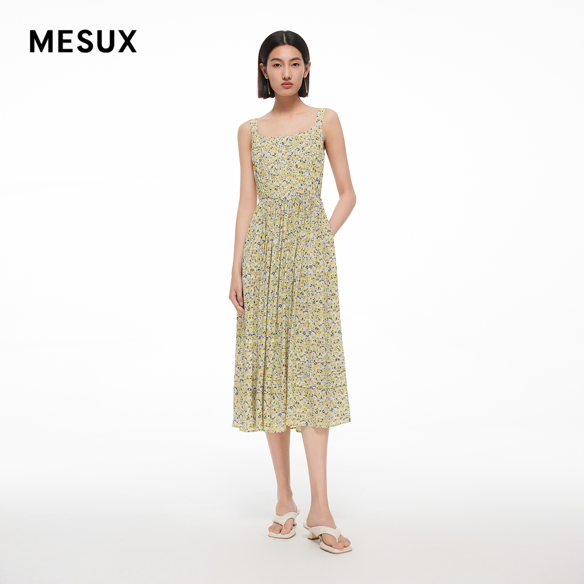 MESUX米岫新品女装小碎花印花无袖吊带连衣裙MMMUO211
