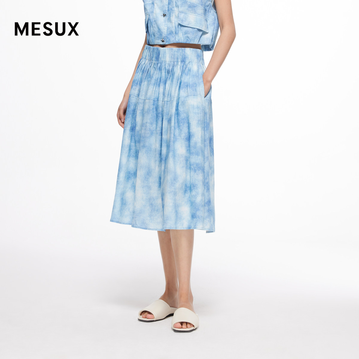 MESUX米岫新品女装牛仔蓝晕染中长款半身裙伞裙MMMUS417