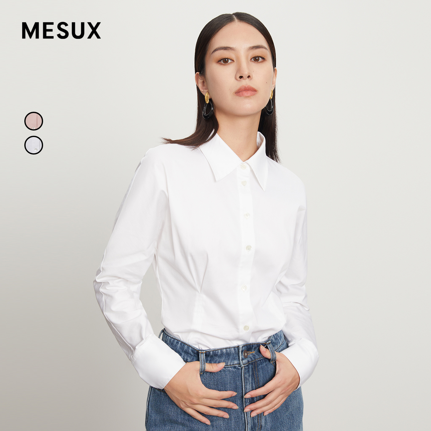 MESUX米岫白色通勤收腰设计长袖内搭衬衫女MKWUC405