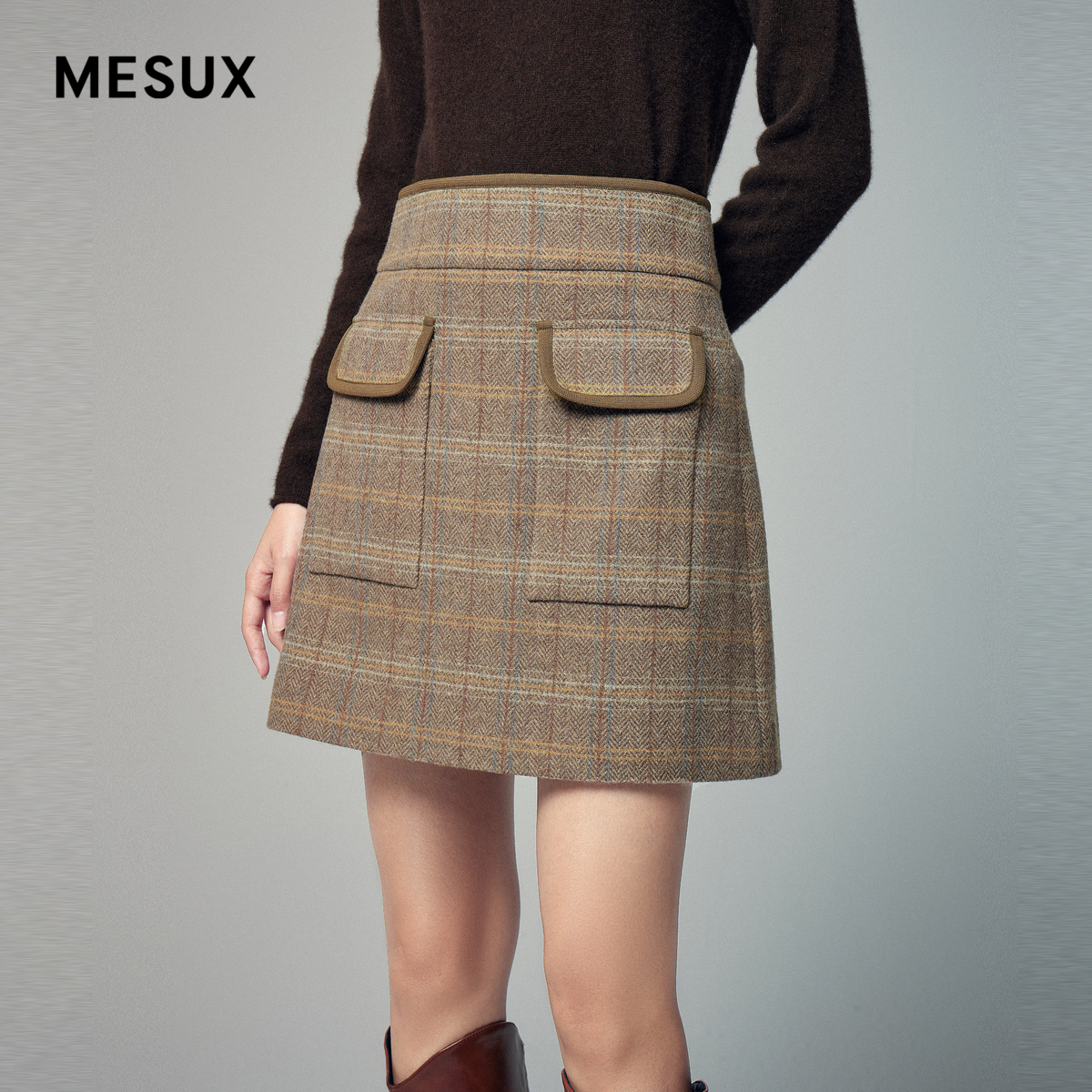 MESUX米岫冬季新品时尚设计进口格子小A半裙女MLWUS