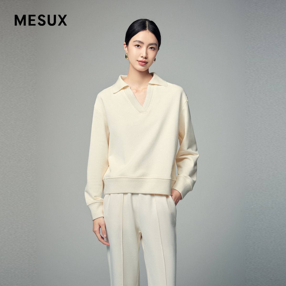 MESUX米岫时尚设计纯棉女装POLO领宽松卫衣20MLWUZ303