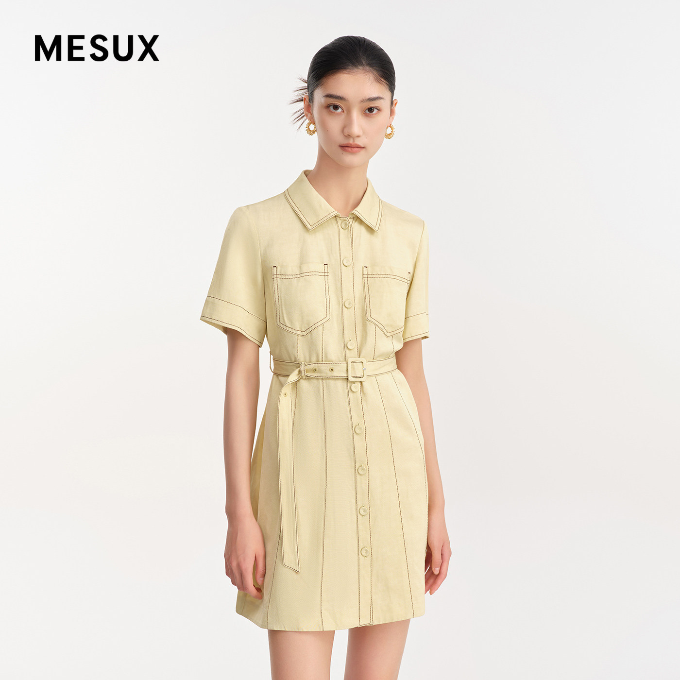 MESUX米岫夏季女装复古衬衫领通勤短袖a字中腰连衣裙MLMUO425