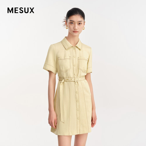 MESUX米岫夏季女装复古衬衫领通勤短袖a字中腰连衣裙MLMUO425