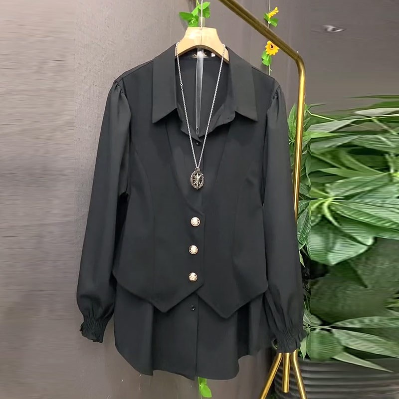 大码女装翻领长袖拼接马甲假两件衬衫胖妹妹秋季款休闲遮肚子上衣