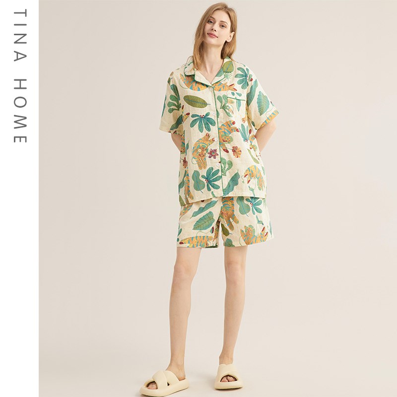 双层纱布丛林老虎睡衣女春秋纯棉居家服可外穿出门套装长袖家居服