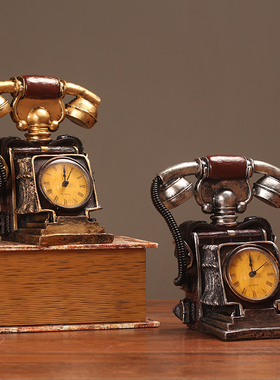 创意复古电话机钟表摆件个性钟表 欧式客厅电视机柜装饰时钟摆设