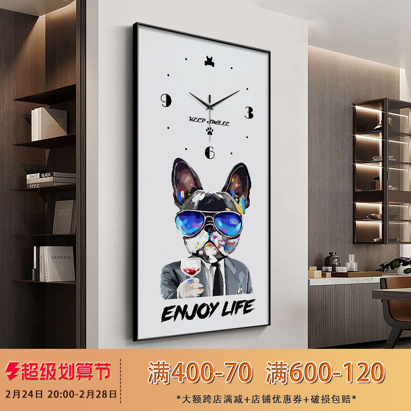 钟表挂钟玄关装饰画卡通动物狗餐厅时钟挂墙壁画创意法斗客厅挂画图片