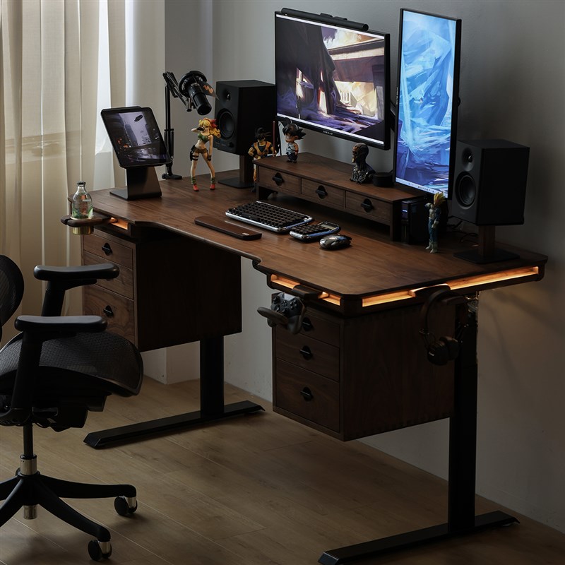 黑胡桃木电动升降书桌智能电脑桌子实木学习桌多功能办公工作台
