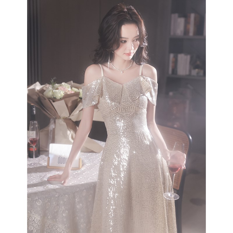 晚礼服女宴会轻奢小众高端法式高级感主持人香槟金连衣裙端庄大气