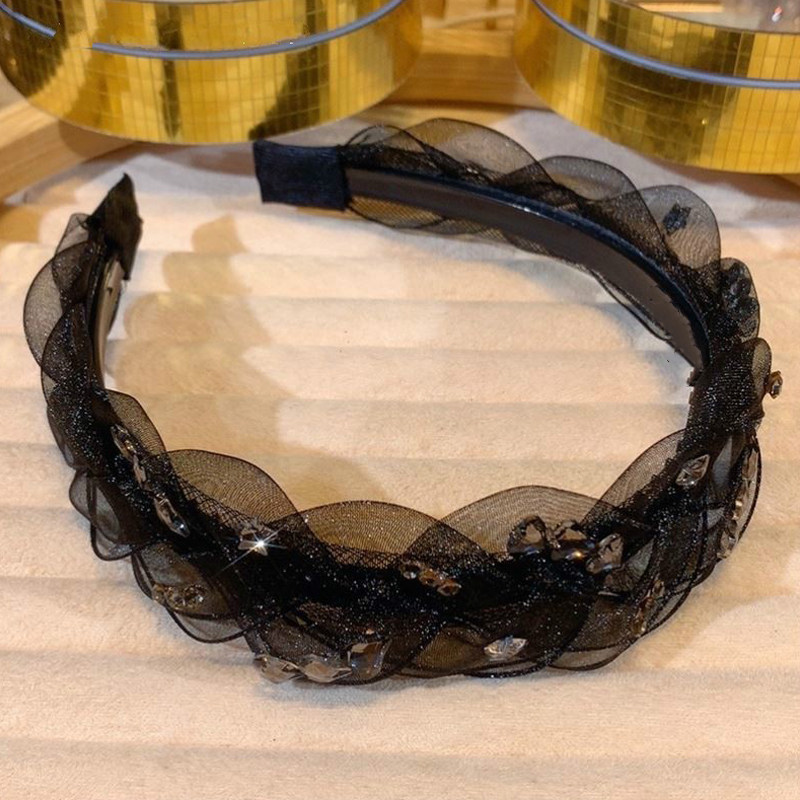 高级感黑色网纱水钻麻花发箍女生气质百搭头箍发捆不勒头无齿发卡