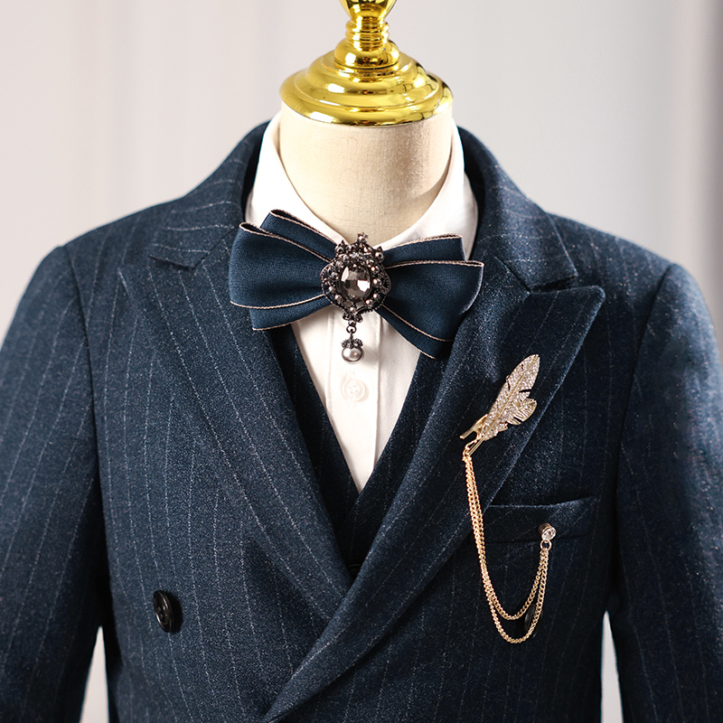 儿童西装套装2024新款冬男童花童礼服蓝色条纹小主持人钢琴演出服