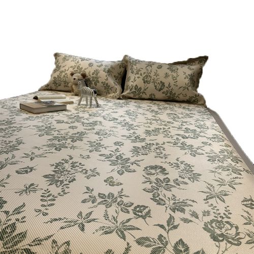 冰藤席法式茶歇绿色碎花可机洗夏凉席三件套空调席子柔软1.5m1.8