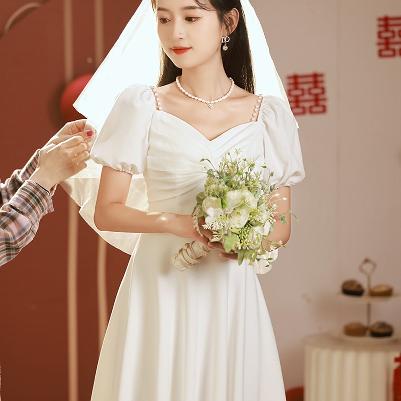 法式领证登记小白裙简约气质连衣裙平时可穿宴会小个子中长款礼服